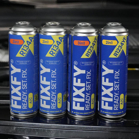 FIXFY 5in1 - Air conditioning self-refill kit for vehicles from 2017 | Replacement refrigerant R1234YF with oil, sealant, drying agent & UV dye, including hose with gauge & adapter