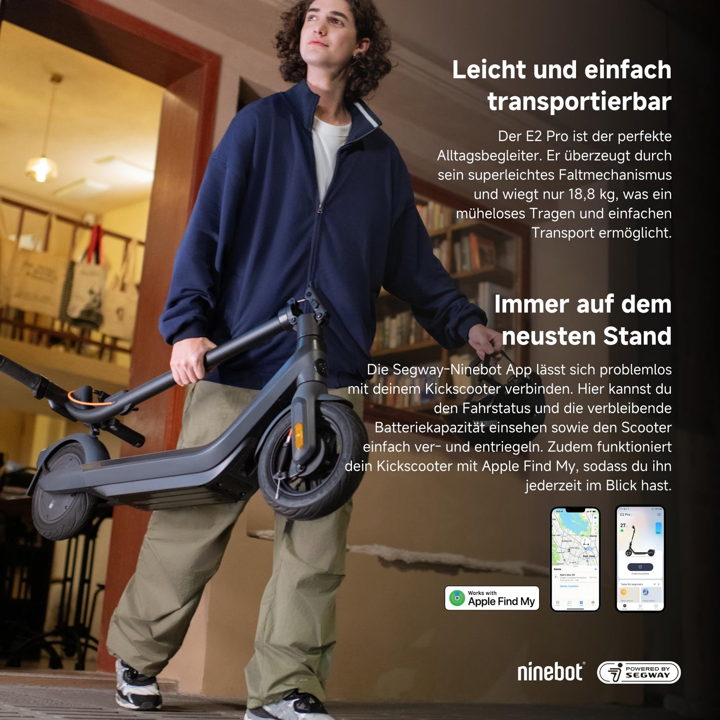 Segway-Ninebot E2 Pro D, street-legal e-scooter for adults, max. 20 km/h speed, 35 km range, anti-slip traction control system.