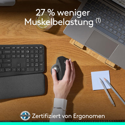 Logitech MX Ergo S Advanced wireless trackball mouse, USB-C rechargeable ergonomic mouse with Bluetooth and encrypted dongle, 6 programmable buttons, for PC/Mac - Graphite