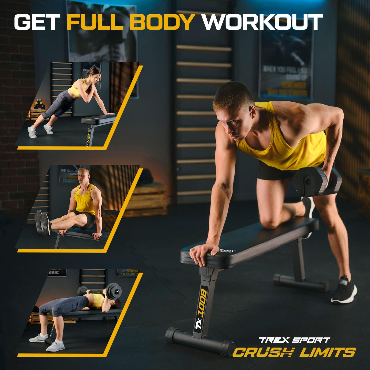 TREX SPORT Flat Bench TX-100B | Folding weight bench for strength training | Home Gym workout bench for bench press | Steel frame, non-slip, padded