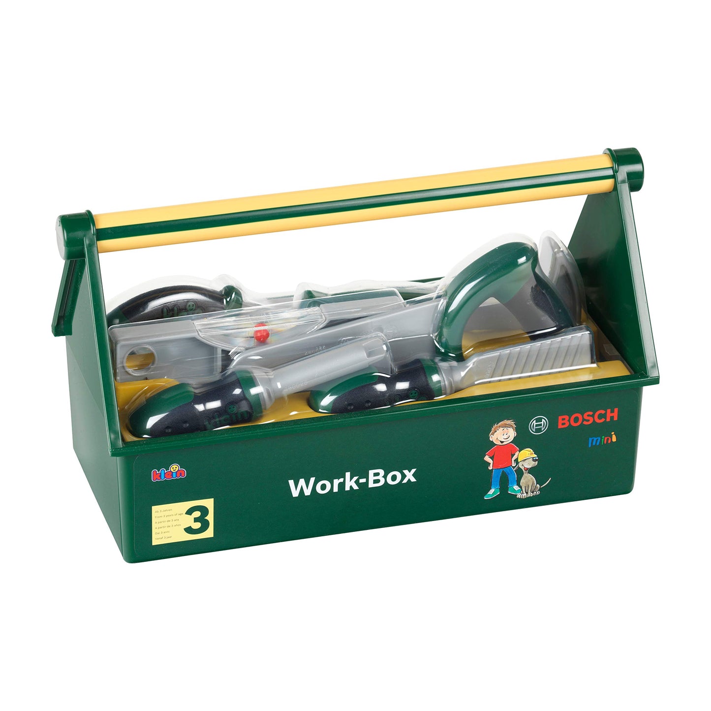 Theo Klein 8573 Bosch Tool Box with 7-Piece Tool Set, sturdy box with handle 30.25 x 14 x 17.25 cm & Bosch Craftsman Helmet in yellow, toy helmet in craftsman look 25.8 x 19.5 x 11 cm