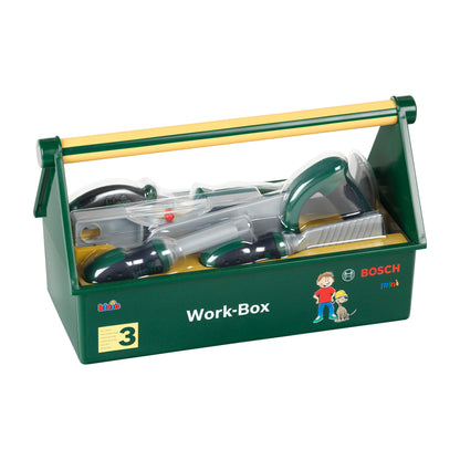 Theo Klein 8573 Bosch Tool Box with 7-Piece Tool Set, sturdy box with handle 30.25 x 14 x 17.25 cm & Bosch Craftsman Helmet in yellow, toy helmet in craftsman look 25.8 x 19.5 x 11 cm