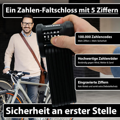 KOHLBURG bike lock combination lock with 5-digit code [bolt-cutter resistant, 101 cm long] folding lock type Vienna with bracket high security - bike lock for e-scooters, e-bikes & bikes