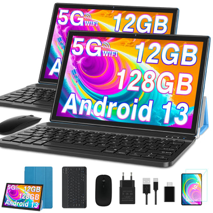 GOODTEL 2024 Latest 10 inch Android 13 Tablet with 12GB RAM+128GB ROM 1TB TF, 5G+2.4G WiFi, GPS, Bluetooth 5.0, 6000mAh, Dual Camera 8+5MP, Cast, OTG, Type C, with Case, Keyboard & Mouse (Blue)