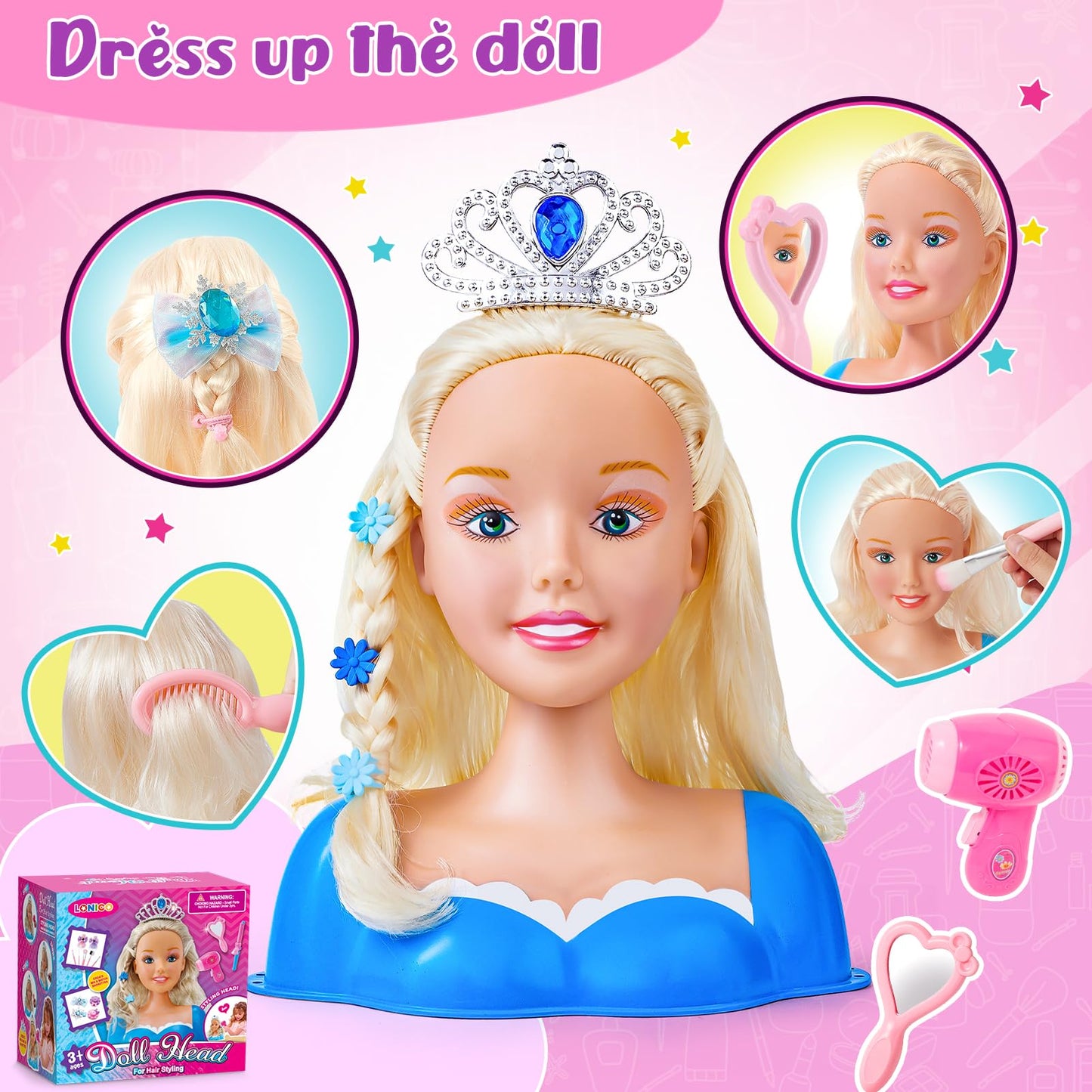 52PCS Makeup Doll Styling Head Kids Mannequin Head with Crown Hairdryer Straightener Hairpins Makeup Hair Styling Accessories Hairdressing Children's Makeup Toy Gift for Girls aged 3 4 5 6 years