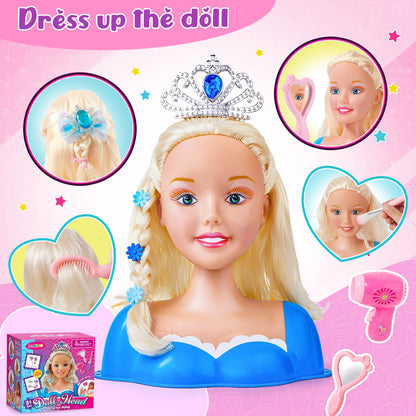 52PCS Makeup Doll Styling Head Kids Mannequin Head with Crown Hairdryer Straightener Hairpins Makeup Hair Styling Accessories Hairdressing Children's Makeup Toy Gift for Girls aged 3 4 5 6 years