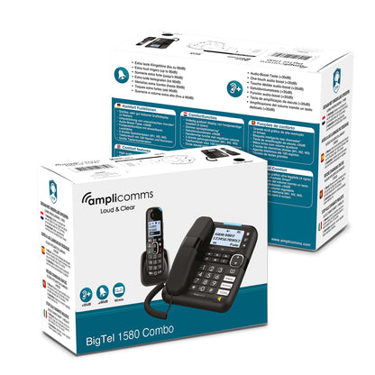 Amplicomms BigTel 1580 Combo DECT Large Button Phone, answering machine, additional handset, audio boost, extra loud ringtones, hearing aid compatible, black.