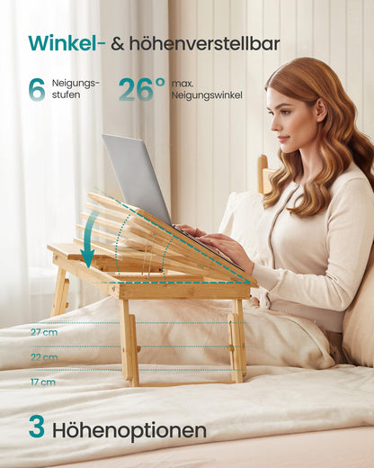 SONGMICS Laptop Desk, Laptop Stand, Breakfast Tray, Foldable Legs, for Bed and Sofa, Adjustable Height, for up to 15.6 inch Laptops, (61-68.3) x 34.9 x (22.5-32) cm, Natural Color LLD01N
