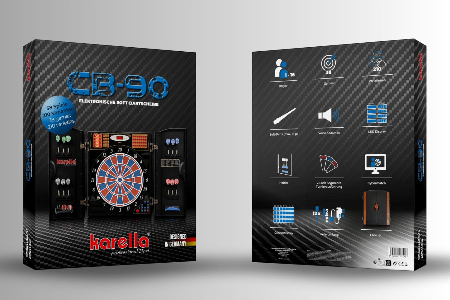 Dart machine Karella CB-90 in the cabinet, electronic dartboard with 38 games and 211 variations, exact tournament dimensions in 2-hole design, includes 12 soft darts.