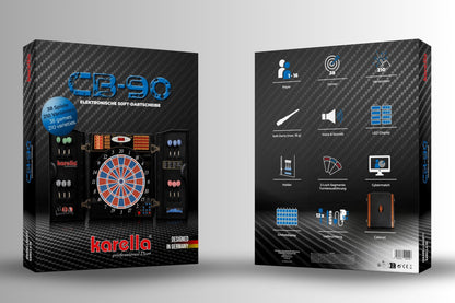 Dart machine Karella CB-90 in the cabinet, electronic dartboard with 38 games and 211 variations, exact tournament dimensions in 2-hole design, includes 12 soft darts.