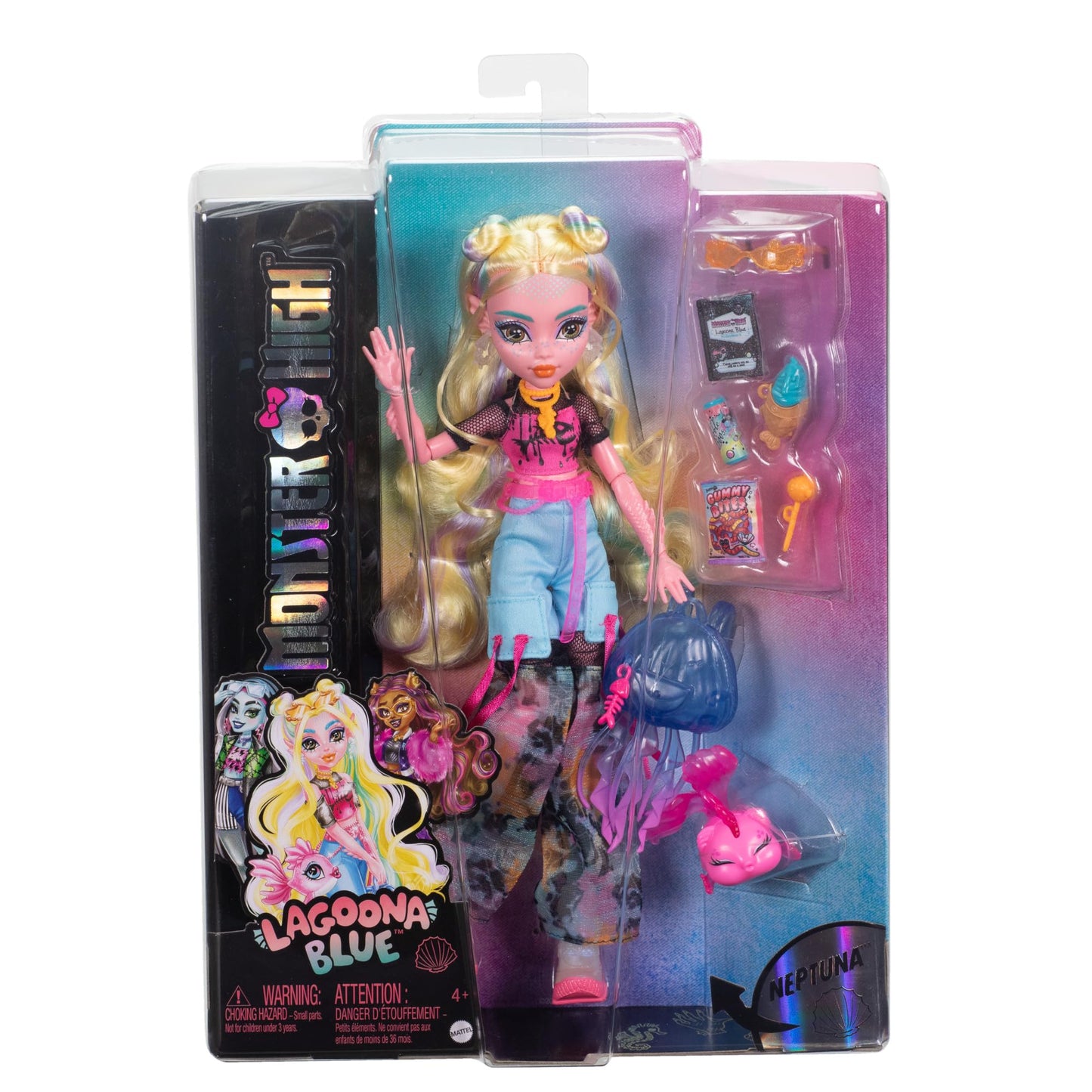 Monster High Lagoona Blue doll in mesh T-shirt and cargo pants with pet fish Neptuna and accessories like backpack, snacks, and notebook, HXH75