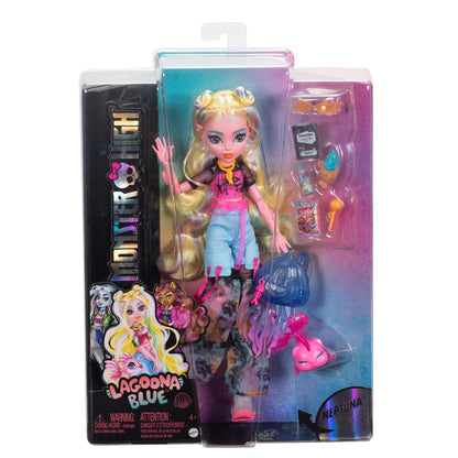 Monster High Lagoona Blue doll in mesh T-shirt and cargo pants with pet fish Neptuna and accessories like backpack, snacks, and notebook, HXH75