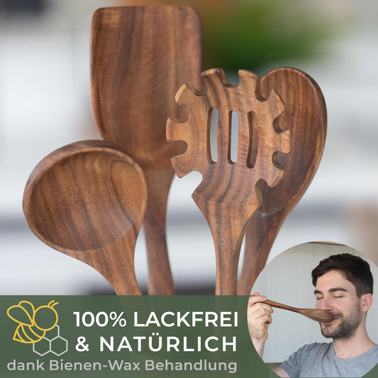 FORESTWORK kitchen utensil set made of teak wood - 4-piece cooking spoon set with spatula, wooden spoon, pasta server, and holder - wooden cooking spoons - wooden spatula - cooking utensil set