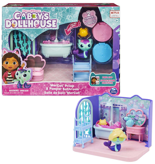 Gabby's Dollhouse Deluxe Room, Primp and Pamper Bathroom, includes MerCat figure and 3 accessories, 3 furniture pieces, and 2 surprise boxes, suitable for children ages 3 and up.