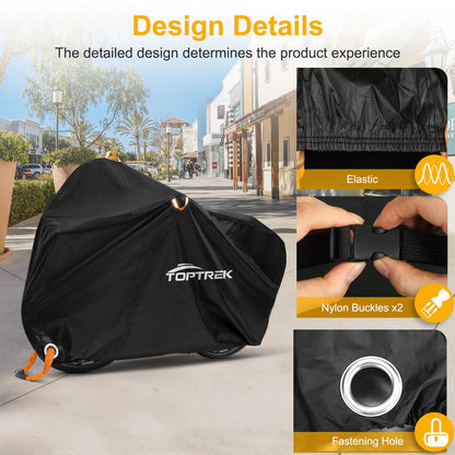 Toptrek bike cover made of 210D Oxford fabric for outdoor use. High-quality cover with lock holes and sun protection. Tear-resistant and includes a storage bag. Fits 3 bikes, dimensions 220x120x110cm.