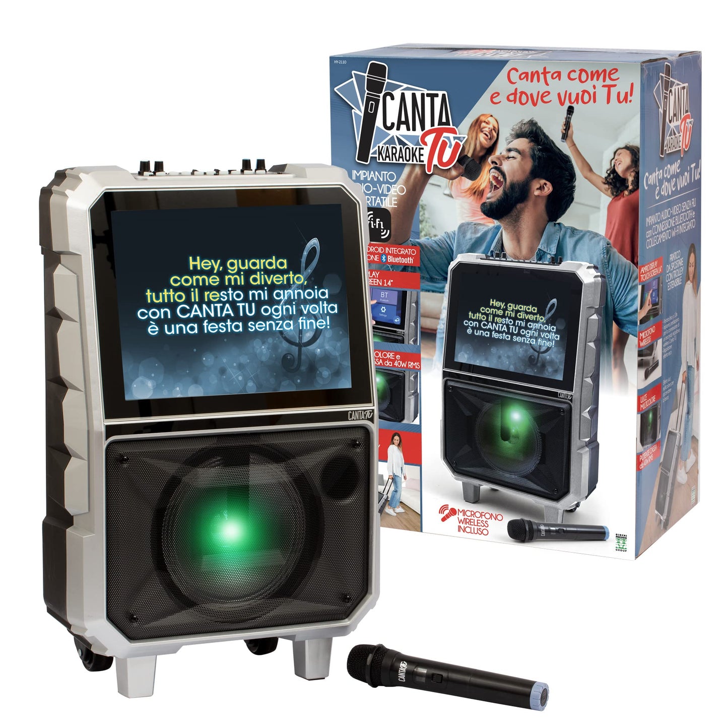 Sing Your Karaoke 2022, complete professional karaoke, portable audio-video system with Wi-Fi microphone, 14-inch touchscreen, Wi-Fi, 40W RMS speakers, 4 hours charging time, 2 radio frequencies.