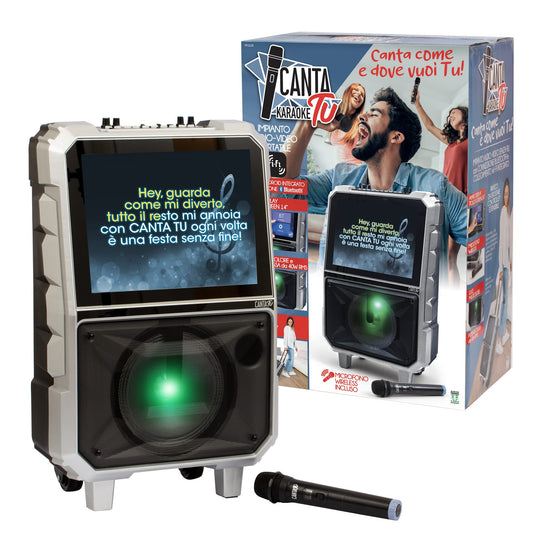 Sing Your Karaoke 2022, complete professional karaoke, portable audio-video system with Wi-Fi microphone, 14-inch touchscreen, Wi-Fi, 40W RMS speakers, 4 hours charging time, 2 radio frequencies.