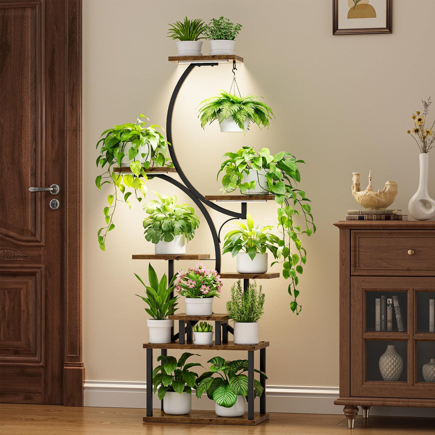 BACEKOLL Plant Stand with Grow Light - 8 Tier Flower Stand 157cm Metal Wood Plant Shelf - Indoor & Outdoor Flower Steps - Decorative Black Flower Rack for Indoor Garden Balcony
