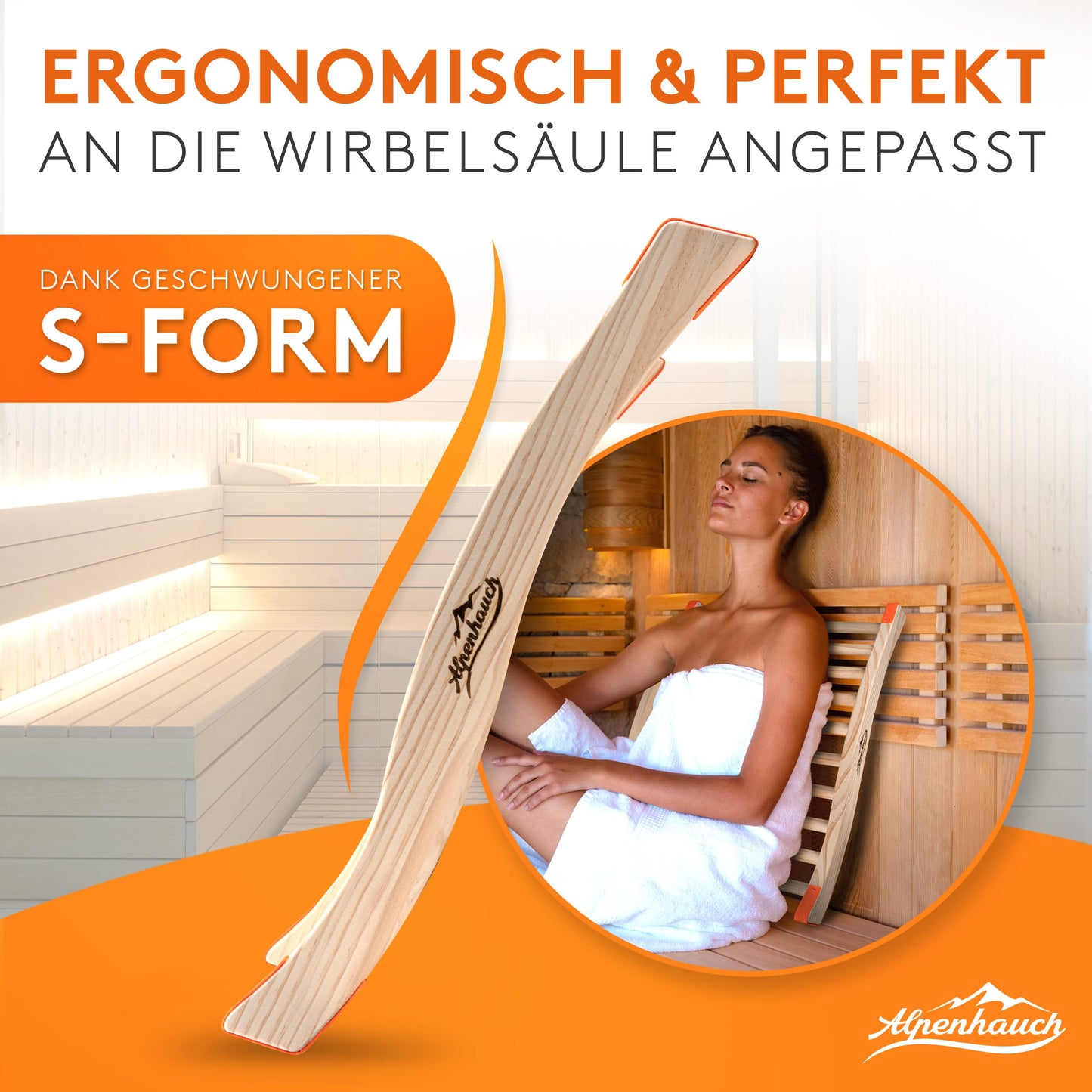 ALPENHAUCH Sauna backrest made of 100% natural wood [1 piece] - Ergonomic backrest with curved S-shape - Elegant sauna accessory infrared cabin - Comfortable backrest infrared cabin