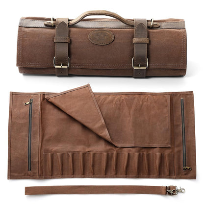 XINZUO knife bag, chef knife case, 12 slots, 16oz waxed canvas and Crazy Horse leather, can hold kitchen tools, portable knife tool bag roll bag (bag only)
