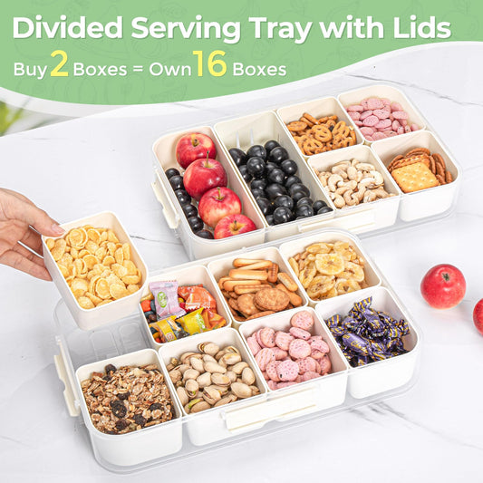 Luxear snackbox with 14 compartments, 2 sets of snack plates with lid and handle, reusable snack bowl for kids, snack container organizer for snacks, nuts, fruits, spices, for parties, picnics, dishwasher safe.