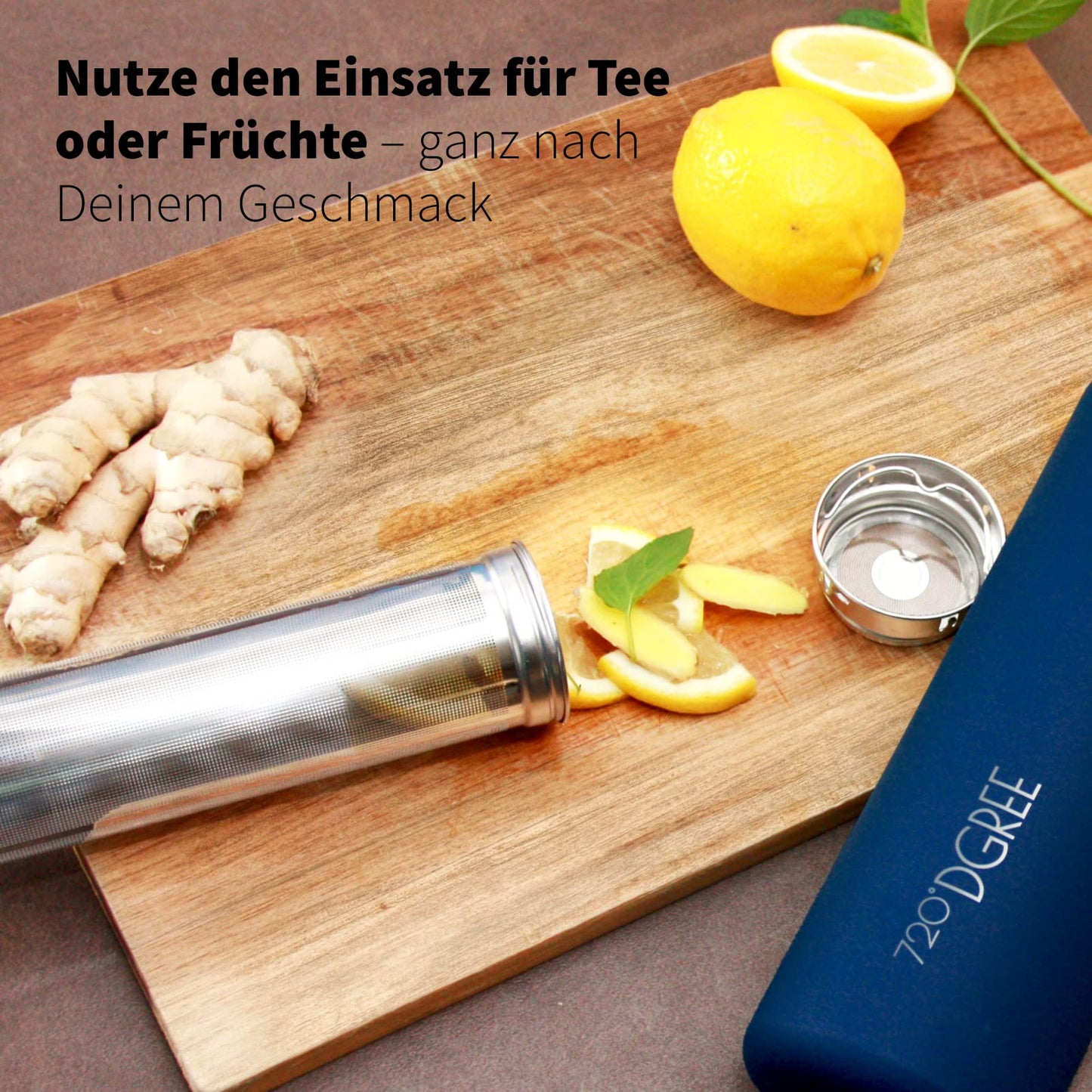 720°DGREE stainless steel thermo flask 710ml "noLimit" with fruit container - leak-proof, suitable for carbonation, BPA-free - insulated bottle with screw cap for sports, cycling, fitness + sports lid.