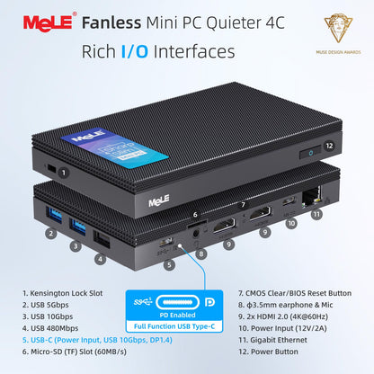 MeLE Quieter4C fanless mini PC featuring 12th Gen Alder Lake N100 CPU (up to 3.4GHz, 4C/4T), 8GB LPDDR4x RAM, 256GB storage, Windows 11 Pro, 4K triple-display support, dual HDMI, WiFi 5, BT5.1, and Ethernet.