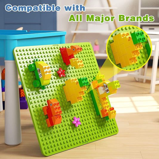 Burgkidz 5-in-1 Children's Activity Table Set - 128 Pieces Compatible with Building Blocks Toys, Play Table Includes 1 Chair and Building Block Table with Storage, Green Base Plate/Blue Color