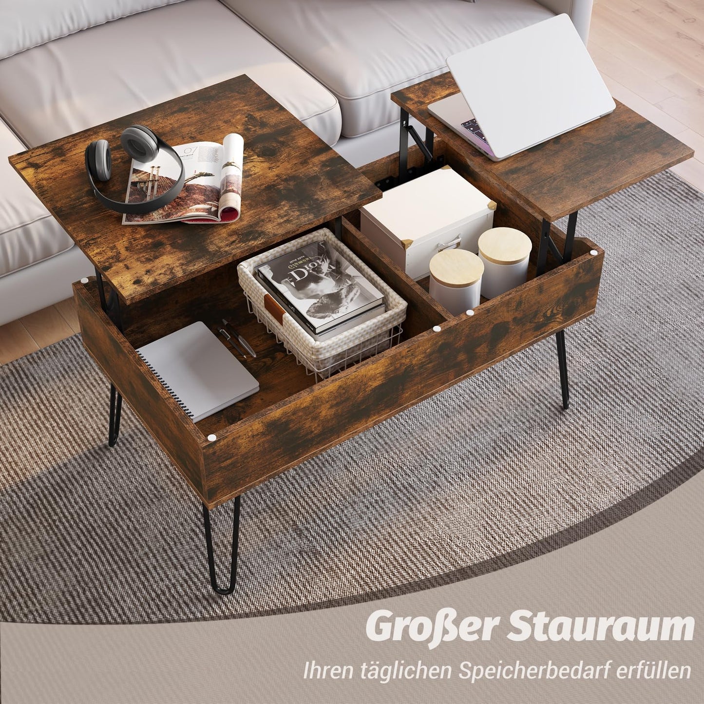 WOLTU coffee table adjustable in height, side table with double lifting plates, lift-top table, living room table, hidden storage space, rustic brown, wood-metal composite, BTS14vbn