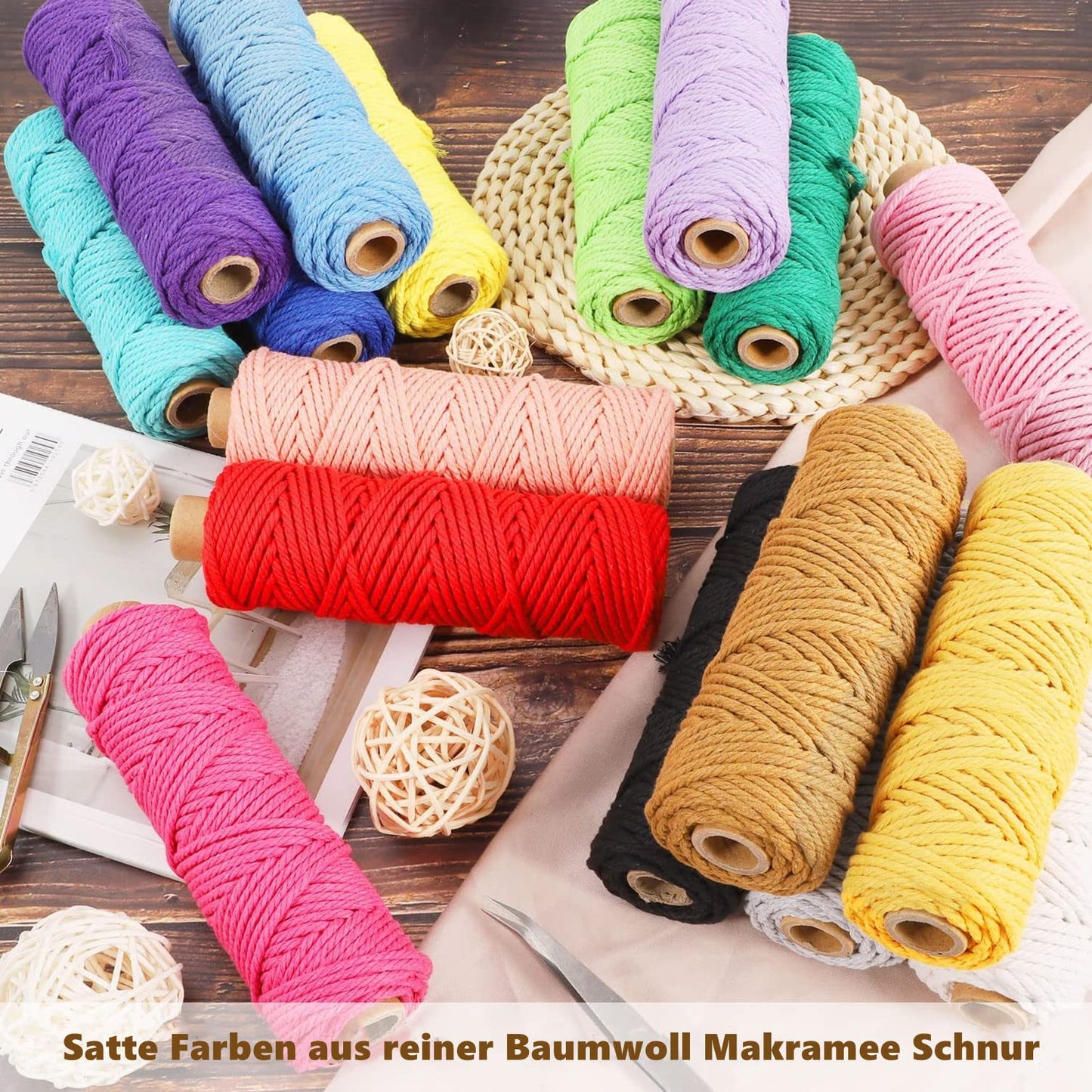 3mm x 30M Macrame Cord, 18 pieces of cotton cord for DIY crafts, knitting, boho decor. Perfect for wall hangings, living room, balcony, bedroom decoration.