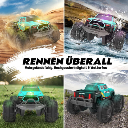 4WD Amphibious Remote Control Car, RC car waterproof with gesture sensor, LED light & 2 batteries, Gift for boys & girls 4-12 years old, Toy car for sand, water & terrain, Compatible with building blocks
