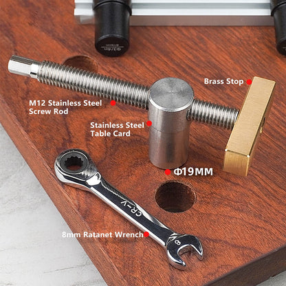 2 pieces table workbench clamp with 4 pieces bench dogs bench clamp bench hooks for 19mm holes DIY positioning bench stop and quick clamps woodworking desk clips quick release clamp