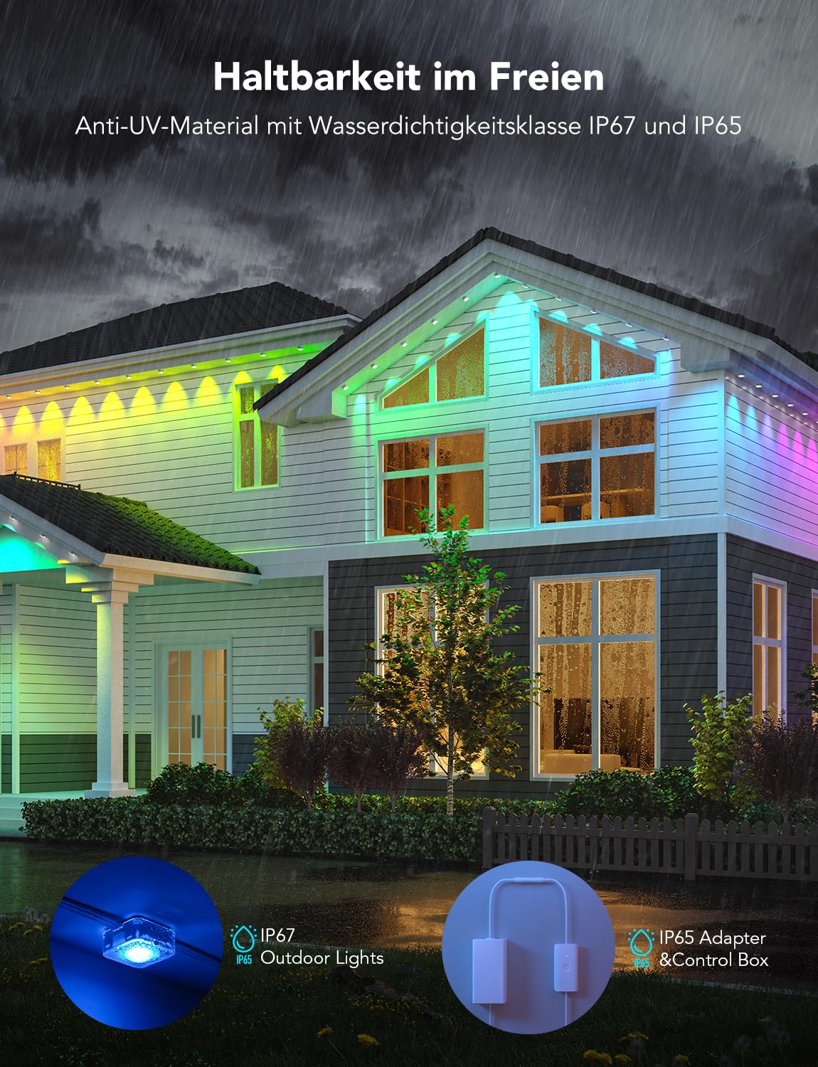 Govee Permanent RGBIC Outdoor Lighting with 72 Scene Modes, 45m with 108 LED Soffit Lights, IP67 Waterproof, for Party, Game Day, Daily Lighting, Works with Alexa, Google Assistant.