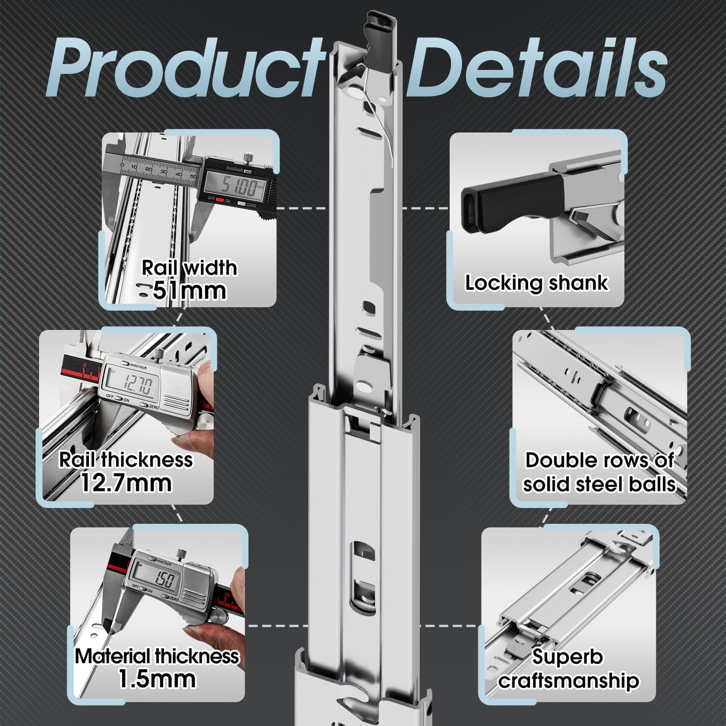 SHUHANG drawer slides heavy duty drawer slide full extension 400mm with lock drawer slides capacity ball bearing 68kg loading capacity side mounted 1 pair (2 pieces)