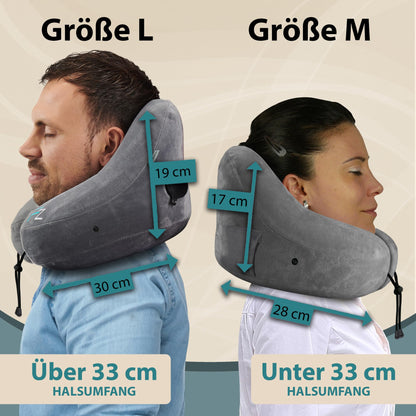 FLOWZOOM Inflatable Airplane Travel Pillow with H-Design, 5 Sleep Positions, and Hood in Grey.