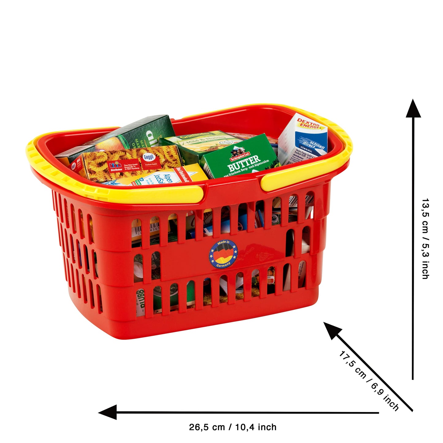 Theo Klein 7218 shopping basket filled with German products for play grocery store. Toy for children aged 2 years and up.