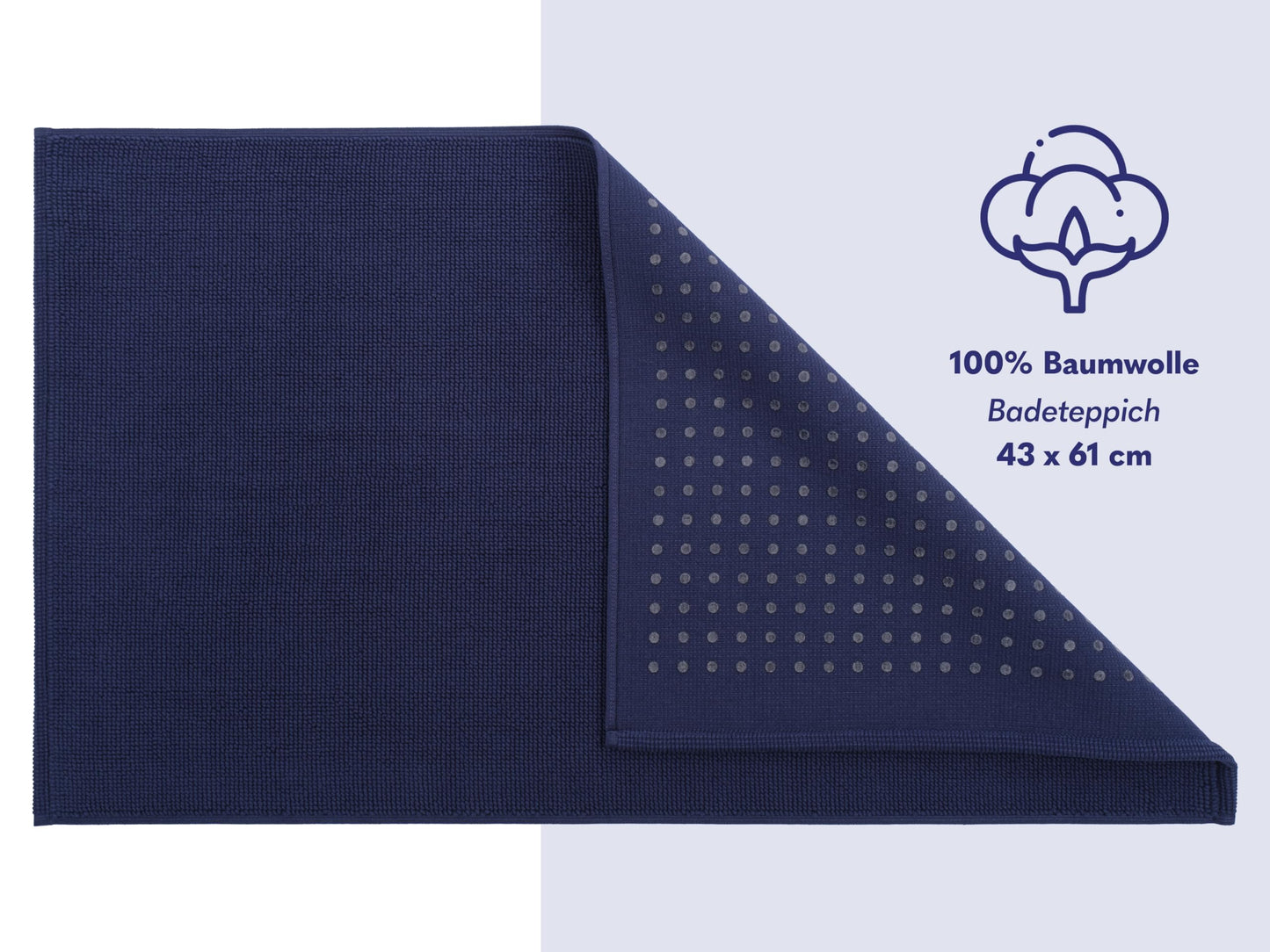 Hammetex 100% cotton non-slip bath mat, 43x61 cm bath rug for bathroom toilet, absorbent quick-drying washable bath floor mats, navy blue