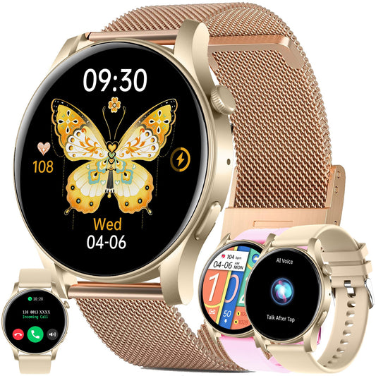 Women's smartwatch with phone function, 1.43" AMOLED fitness watch with 100+ sport modes, heart rate monitor, sleep monitor, step counter, fitness tracker compatible with Android/iOS, 3 bands, gift for women (gold)