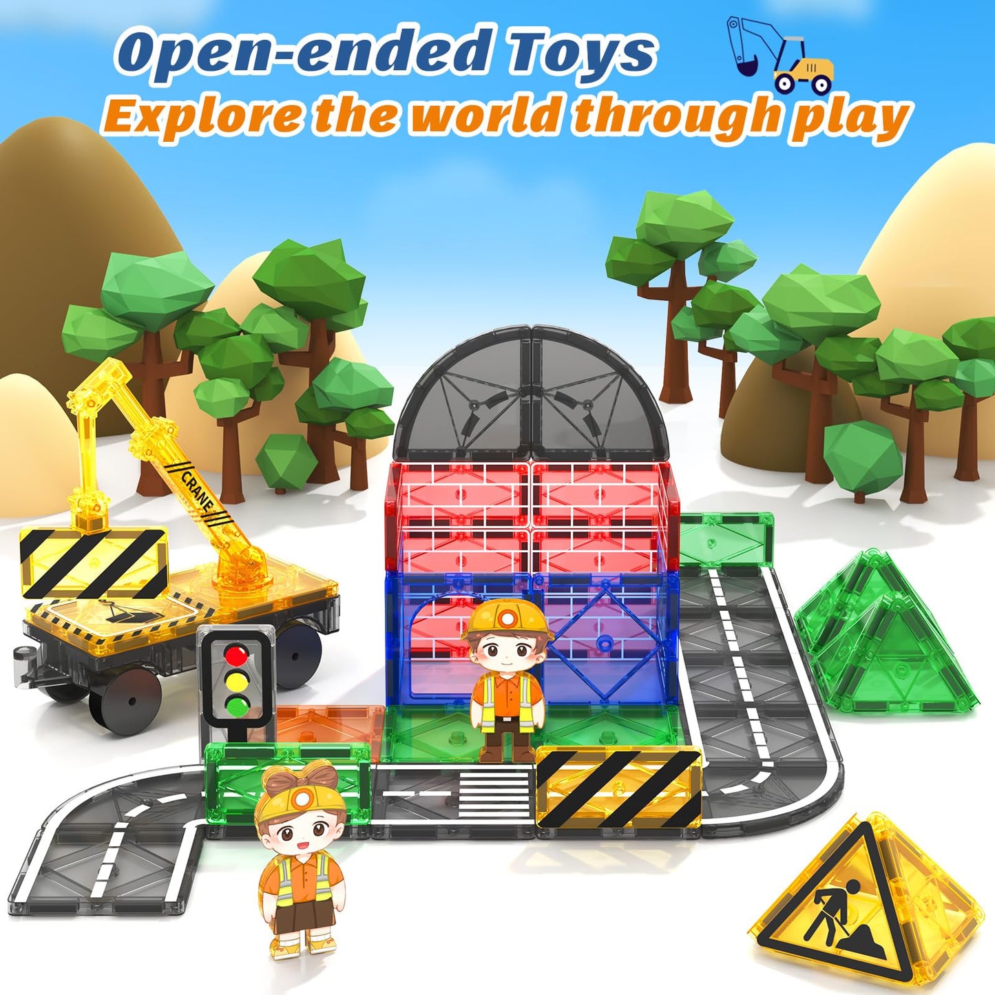 Children's play magnetic building blocks road set with retractable magnetic crane, city building toy for toddlers preschool toy age 4-6 5-7, gifts for boys girls from 3 years old Kids' toy