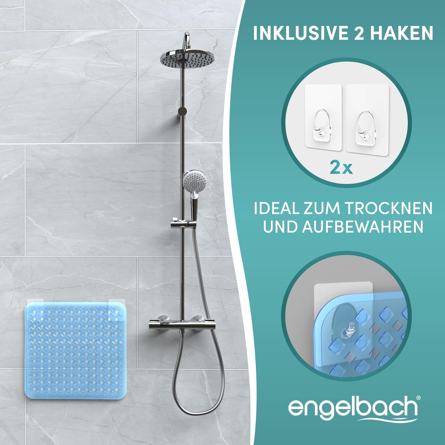 Angelbrook® Shower Mat non-slip 53x53cm with 2 hooks - Antibacterial & BPA-free - Shower mat, non-slip mat - Suitable for washing machines and resistant to mold