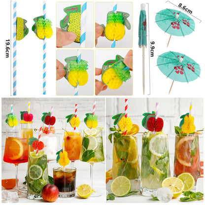 Frasheng 159 Piece Hawaii Party Decoration Set, Hawaii Luau Table Skirts, Hawaiian Party, Hawaii Decor, Hawaii Lei Flower Cake Toppers Paper Straws and 3D Fruit for Summer Party Decoration.