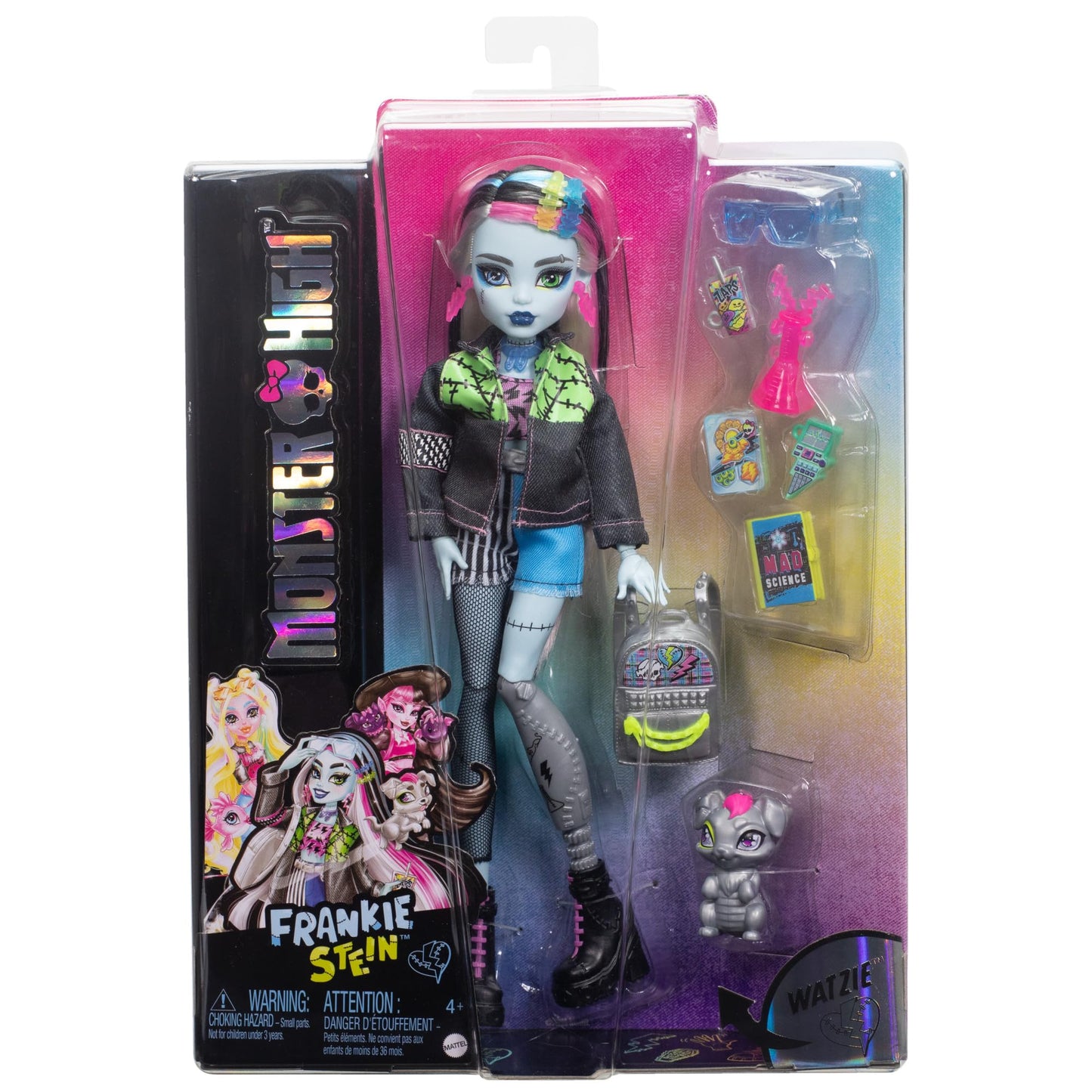 Monster High Frankie Stein doll in denim jacket and shorts, includes her dog Watzie and accessories like a backpack, snack, and notebook. HXH73.