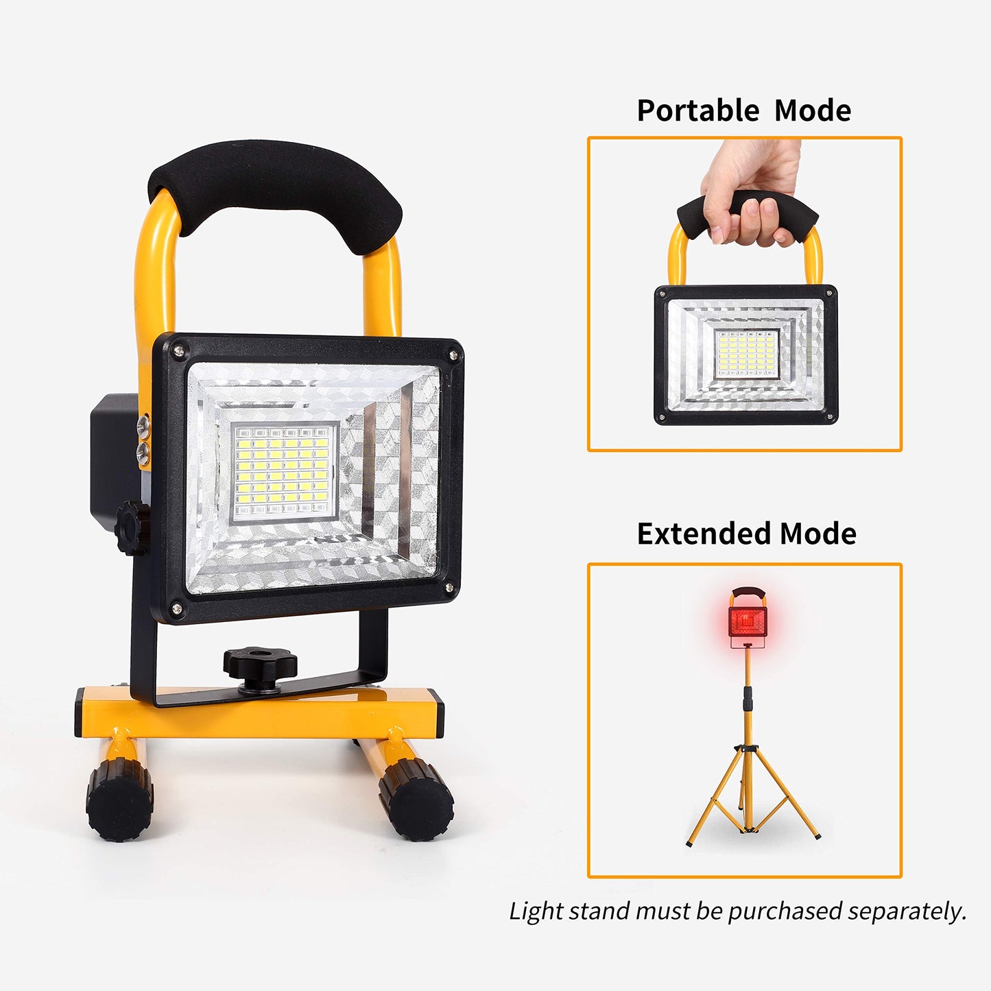 30W LED work light with battery, 48 LED portable floodlight with removable base, IP65 waterproof spotlight, 6000K daylight white for camping, fishing, research trip, car repair.