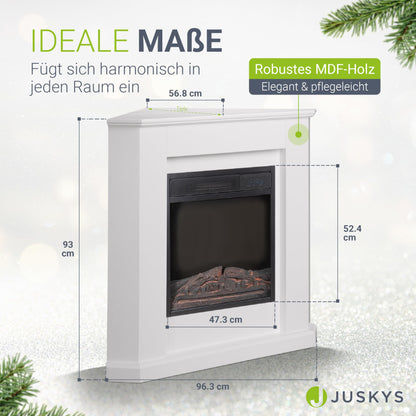 Juskys Electric Fireplace 1000 / 2000 W with heating, fireplace, flame effect, remote control, LED lighting & timer - Electric corner fireplace white