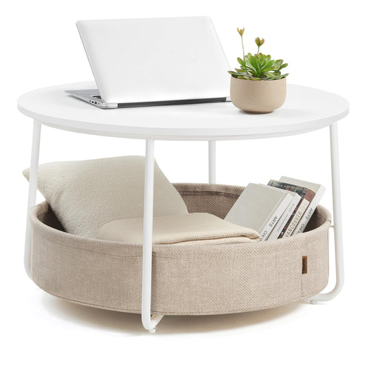 VASAGLE round coffee table with storage, side table, living room table with fabric basket, modern design, metal frame, matte white-camel brown LCT244W10