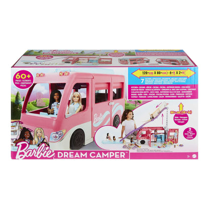 Barbie Super Adventure Camper Vehicle, with 7 play areas, including pool and slide, 60 camping accessories, doll, gift, suitable for ages 3 and up, HCD46.