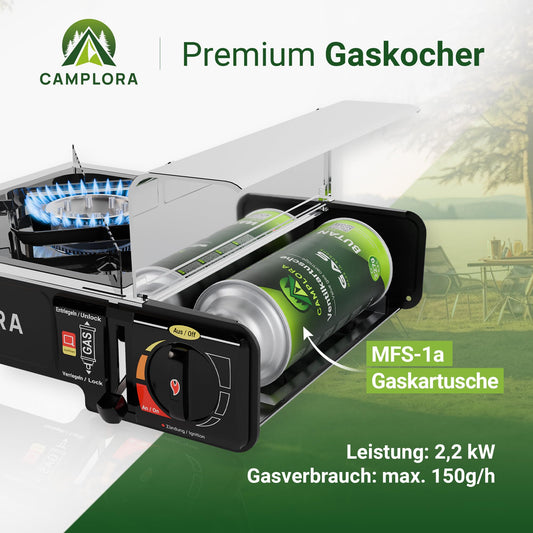 CAMPLORA gas stove + 8 gas cartridges + carrying case with piezo ignition - camping stove 2.2 kW - including safety shutdown - camping gas stove, camping cooker 1 burner MSF-1a