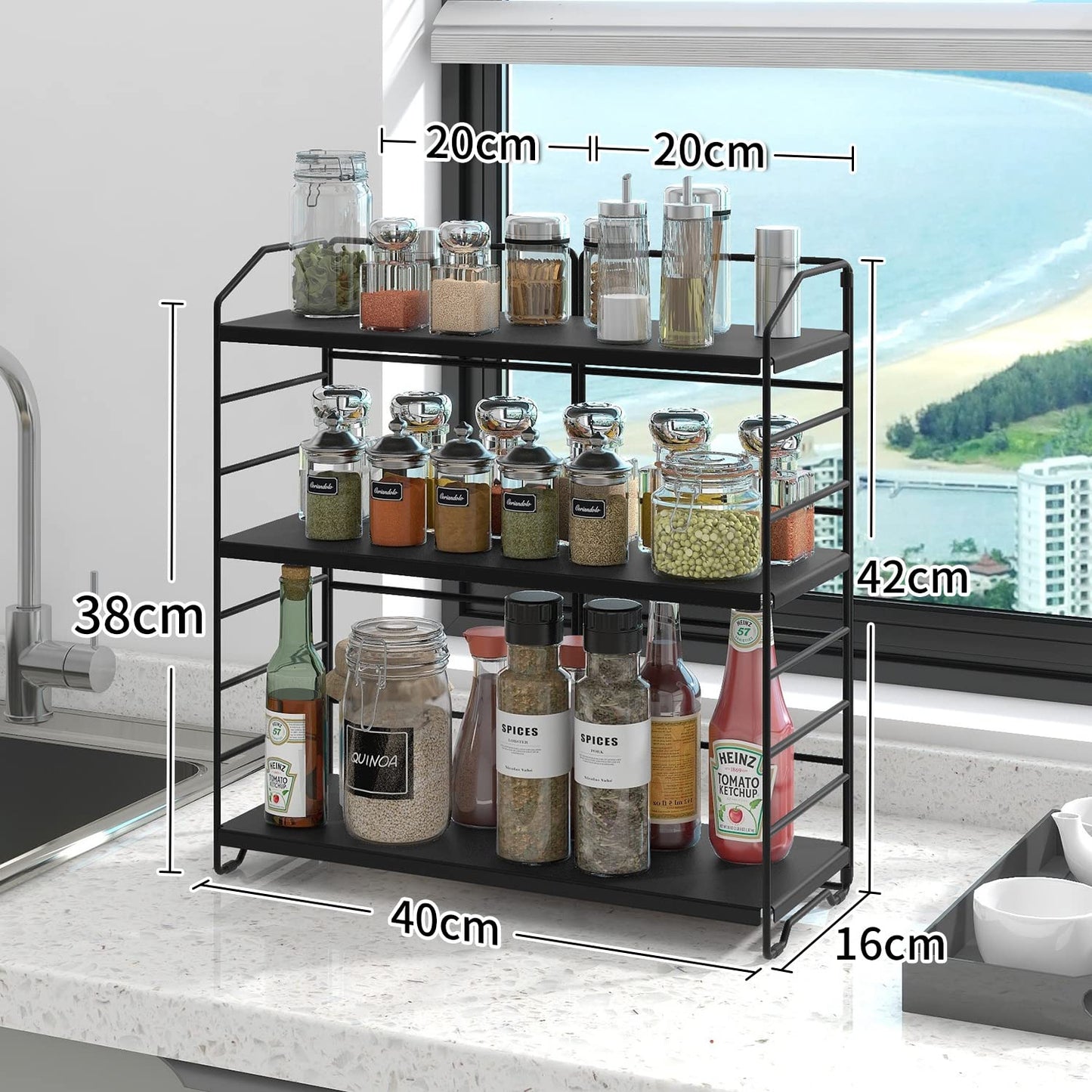 AIRUJIA metal spice rack, 3 levels adjustable kitchen shelf, desk organizer suitable for kitchen, bathroom, and bedroom, standing kitchen rack storage bathroom black.