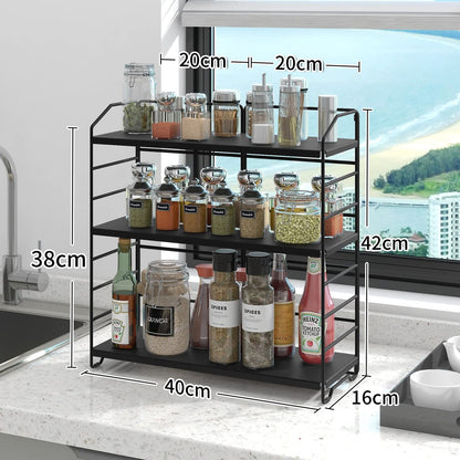 AIRUJIA metal spice rack, 3 levels adjustable kitchen shelf, desk organizer suitable for kitchen, bathroom, and bedroom, standing kitchen rack storage bathroom black.