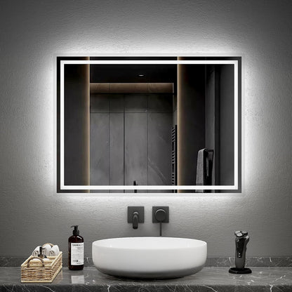 EMKE LED bathroom mirror with lighting 80x60cm, equipped with a toggle switch and anti-fog feature. Choose between warm white and cool white light modes, and mount the energy-efficient mirror horizontally or vertically.